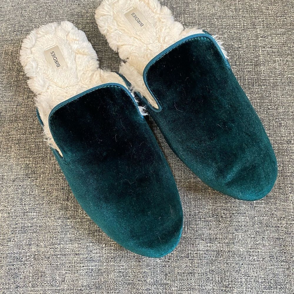 Birdies Phoebe Emerald Green Velvet Slide Vegan Faux Fur Size 8